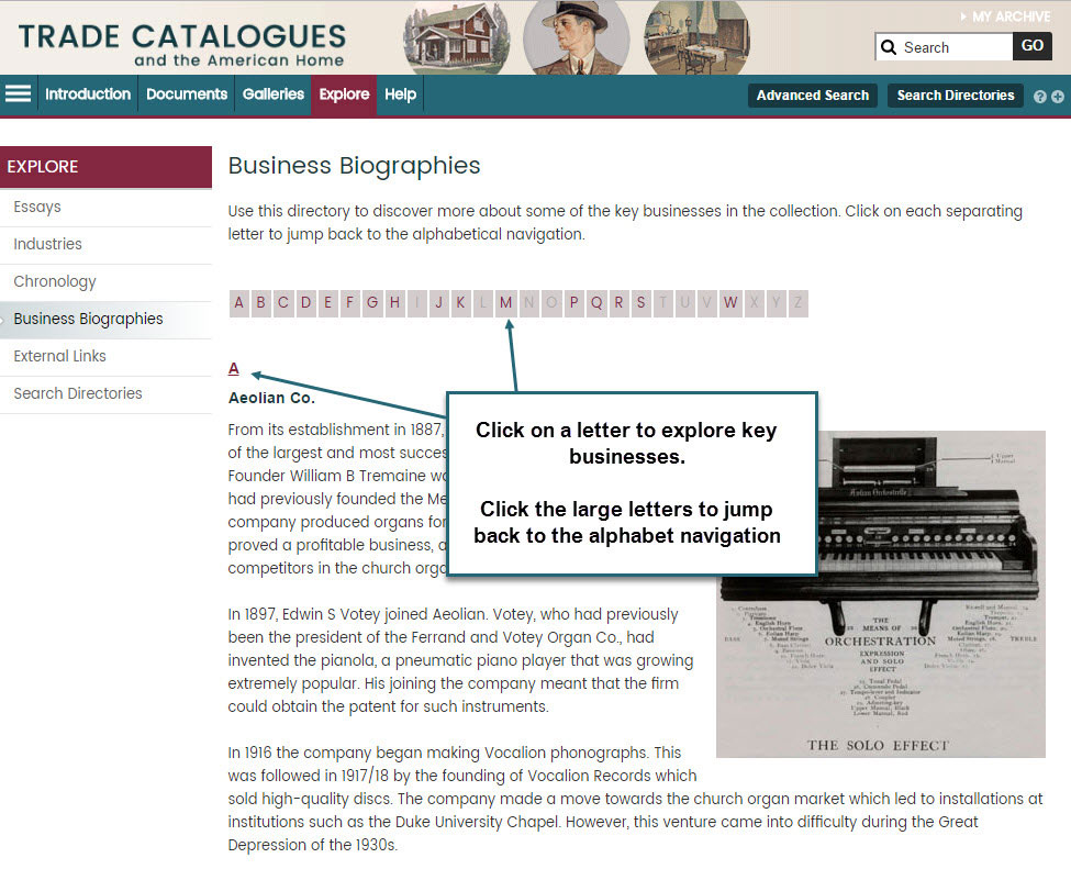 Screenshot showing how to use the Business Biographies page. Use the alphabet links at the top to jump to businesses beginning with that letter. Clicking the large letter at the beginning of each section will jump you back to the top.